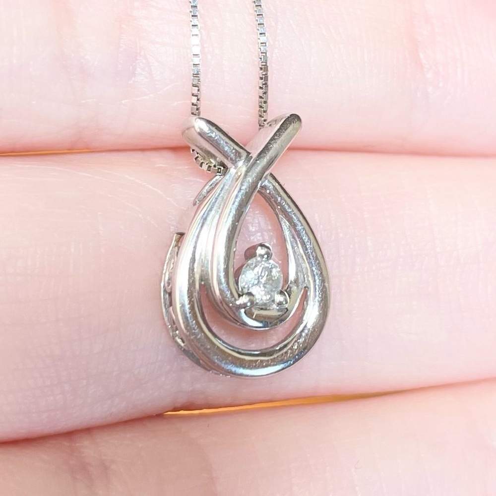 10k double loop filigree open circle .08 diamond solid white gold necklace - Picture 1 of 11